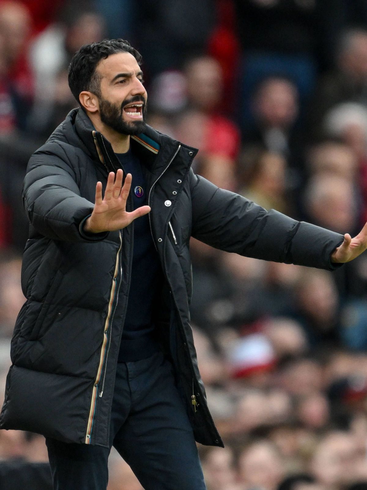 Premier League Manchester United, ManU v Everton Ruben Amorim Manager of Manchester United reacts in the technical area during the Premier League match Manchester United vs Everton at Old Trafford,...