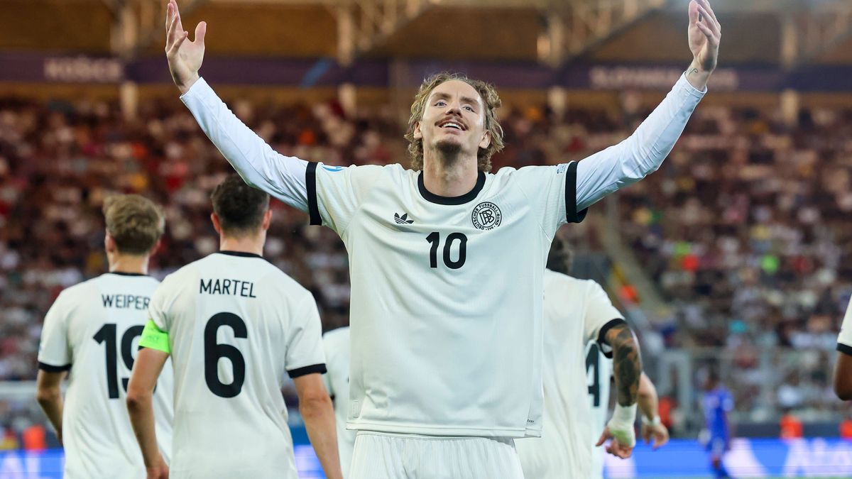 Nick Woltemade (Germany) bejubelt seinen Treffer zum 2:0, UEFA European Under-21 Championship 2025 Semi-Final, Germany v France, KoÅ¡icka futbalova arÃ na am 25. June 2025 in Kaschau, Slowakei. (Fo...