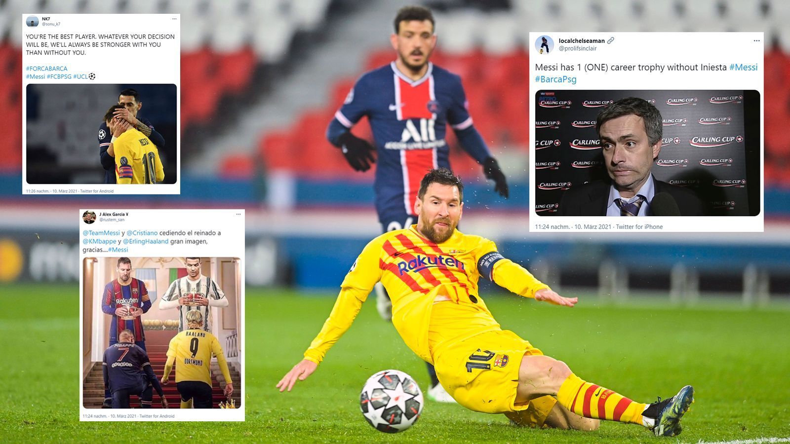 
                <strong>Nach Barcas Champions-League-Aus gegen PSG: Die Netzreaktionen</strong><br>
                Nach Cristiano Ronaldo (Juventus Turin) musste nun auch sein ewiger Kontrahent Lionel Messi bereits im Achtelfinale der Champions League die Titelträume beenden. Sein FC Barcelona scheiterte nach einem 1:1-Unentschieden im Rückspiel bei Paris St.-Germain. ran.de zeigt die Netzreaktionen zum Aus der Katalanen und dem möglicherweise letzten Spiel von Messi mit Barca in der Königsklasse.
              
