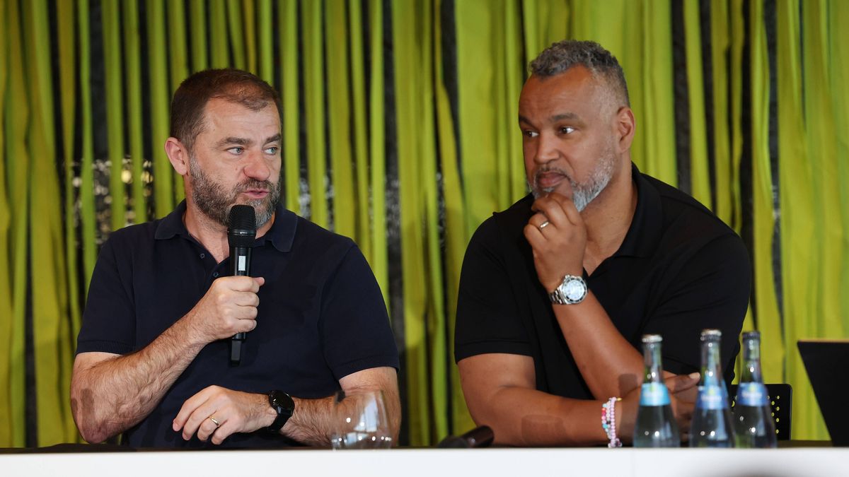 BAU 15.05.2025 Stuttgart European League of Football Road to Stuttgart PK, v..l. ELF Geschäftsführer Zeljko Karajica, ELF Commissioner Patrick Esume *** BAU 15 05 2025 Stuttgart European League of ...