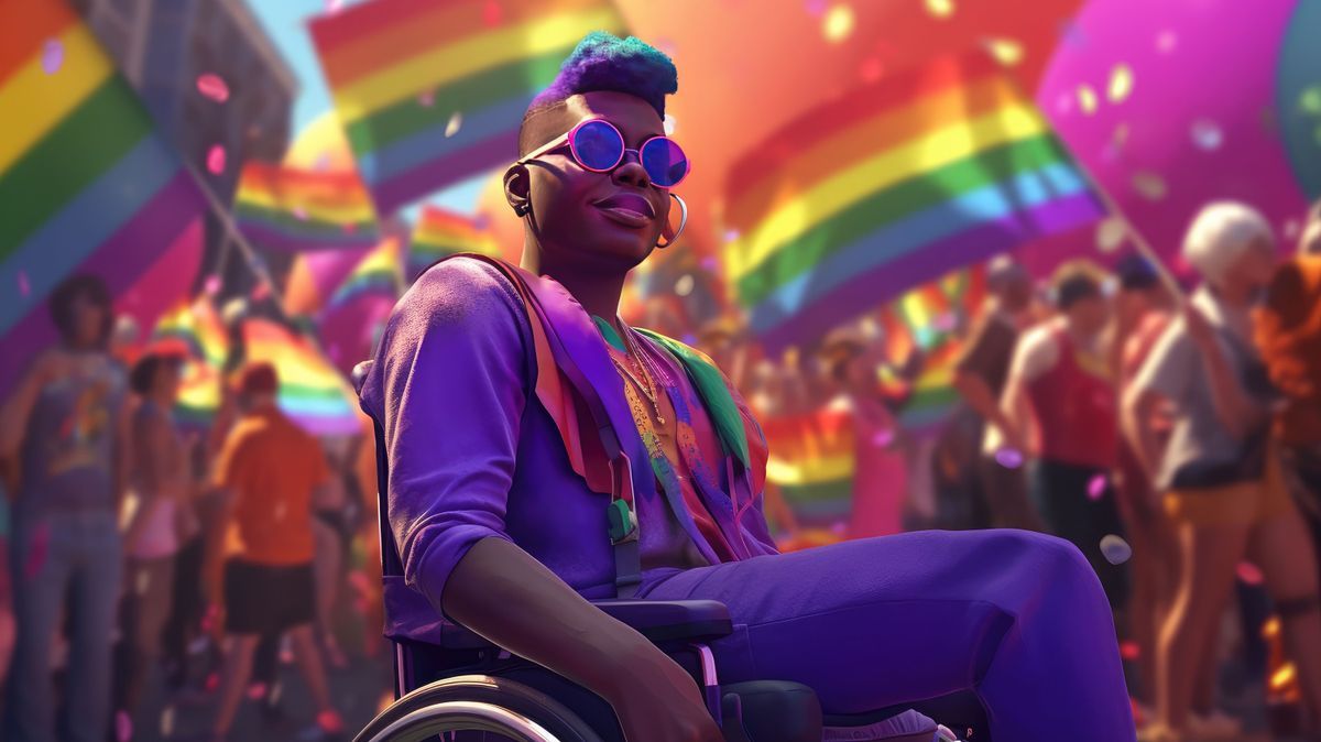 Black queer disabled, afrlcan in rainbowcolours in wheelchair at gay pride, stop or prohibit discrimination against someone because of a disability or sexual orientation, created with generative ai