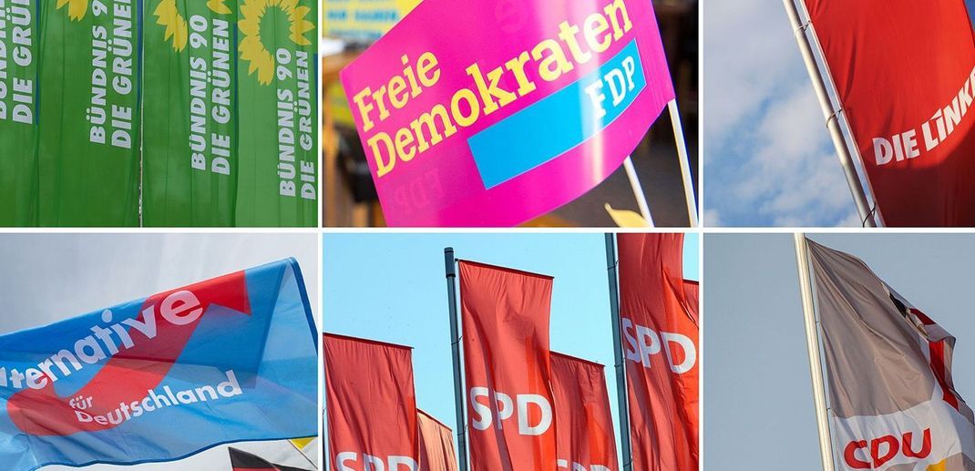 Fahnen der Parteien Bündnis 90/Die Grünen, FDP, Die Linke, AfD, SPD und CDU (von oben/links).