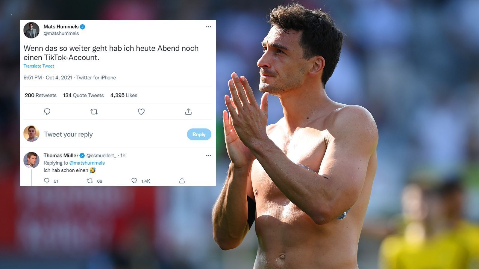 
                <strong>Mats Hummels</strong><br>
                Weltmeister Mats Hummels plant möglicherweise sogar den Ausbau seiner Social-Media-Auftritte. "Wenn das so weiter geht hab ich heute Abend noch einen TikTok-Account", schrieb der BVB-Star bei Twitter, einem der wenigen Social-Media-Services, der vom Ausfall nicht betroffen war. Sein Weltmeister-Kollegen Thomas Müller antwortete umgehend darauf, ist Hummels wohl schon einen Schritt voraus mit dem eigenen TikTok-Account. 
              