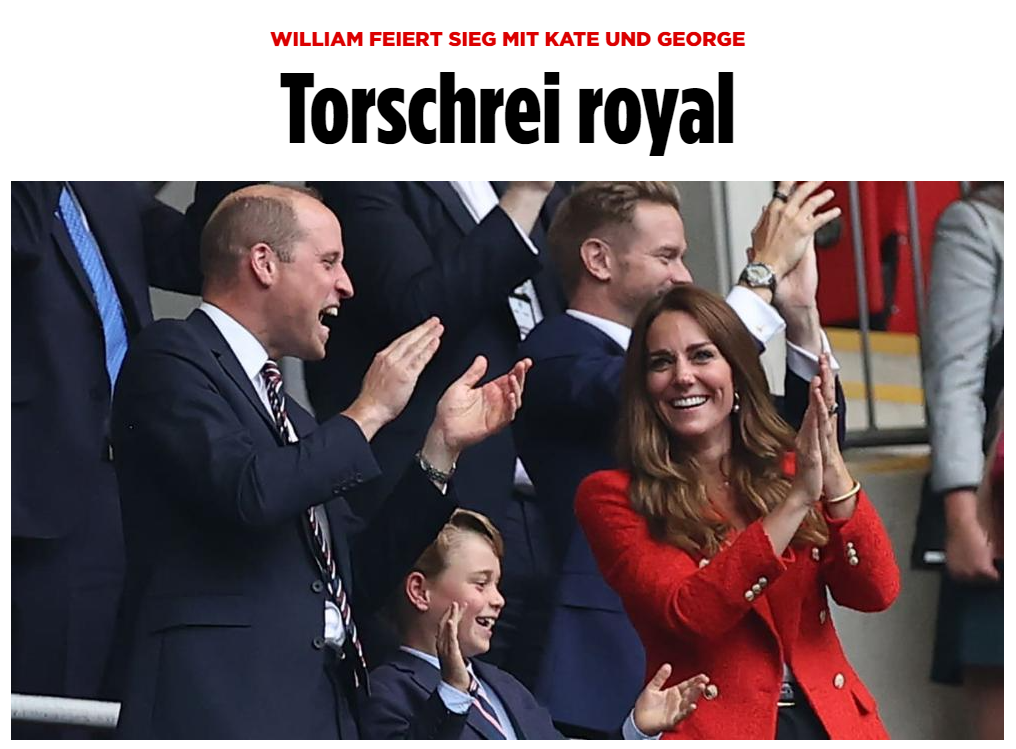 
                <strong>"Torschrei Royal"</strong><br>
                Drei Personen im Stadion standen bei den Kameras besonders im Fokus. Das royale Trio um Kate, William und Sohn George kam nach dem Sieg ihrer Engländer, aus dem Feiern gar nicht mehr raus. 
              