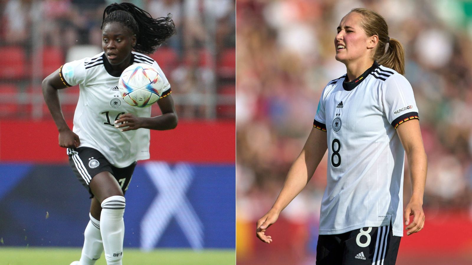 
                <strong>Die jungen Wilden</strong><br>
                Die wenigsten Länderspiele im deutschen Kader (abgesehen von der dritten Torhüterin Ann-Kathrin Berger) haben bislang Nicole Anyomi (l., acht) von Eintracht Frankfurt sowie Sydney Lohmann (r., zwölf) vom FC Bayern absolviert. Beide gehören nicht zu den Stammspielerinnen in ihren Klubs, haben jedoch als Joker gute Dienste geliefert, Anyomi war an sechs Bundesliga-Toren beteiligt und Lohmann immerhin an drei, beide meistens als Joker. Beide wurden im Jahr 2000 geboren, gehören also auch zur ganz jungen Fraktion der Nationalelf.
              