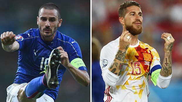 
                <strong>Leonardo Bonucci vs. Sergio Ramos</strong><br>
                Leonardo Bonucci vs. Sergio Ramos – Italiens Fels in der Abwehr gegen Spaniens Kapitän. In Italiens defensiver Grundausrichtung ist Bonucci der zentrale Spieler in der Dreierkette. Weil der 29-Jährige in der Vorrunde defensiv noch einen Tick stärker als Ramos ist, geht der Punkt an ihn. 4:1 Italien.
              