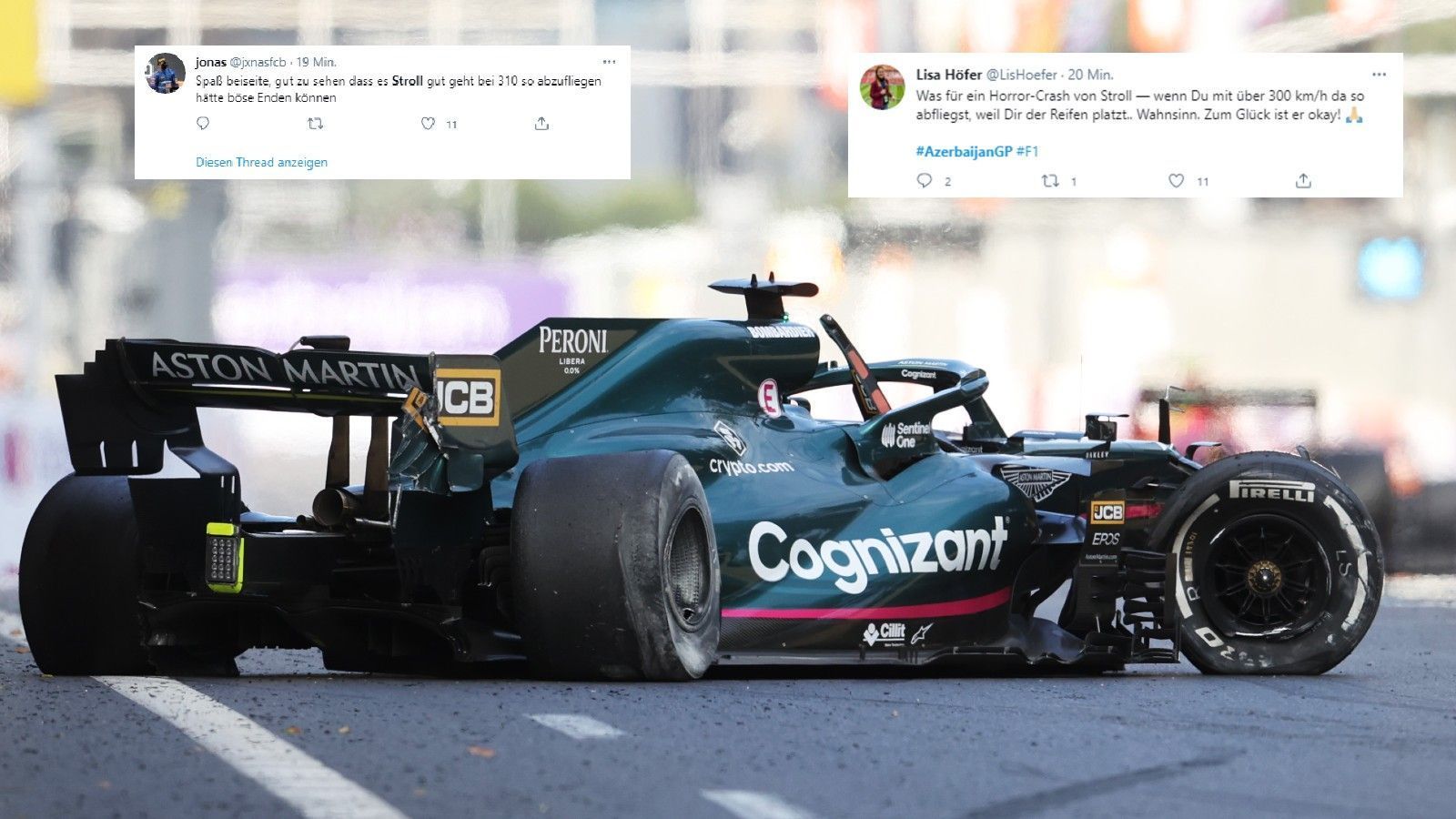 
                <strong>Stroll knallt in die Mauer</strong><br>
                Schockierend wird es in Bezug auf Lance Stroll. Bei über 300 km/h platzt dem Aston-Martin-Pilot ein Reifen, er schlägt in die Mauer ein. Viele Fans sind schockiert.
              