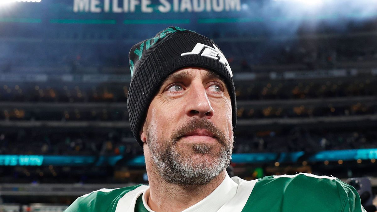 New York Jets quarterback Aaron Rodgers walks on the field after the game against the Miami Dolphins where he threw his 500th touchdown pass in his 20-year career in the final week of the NFL, Amer...