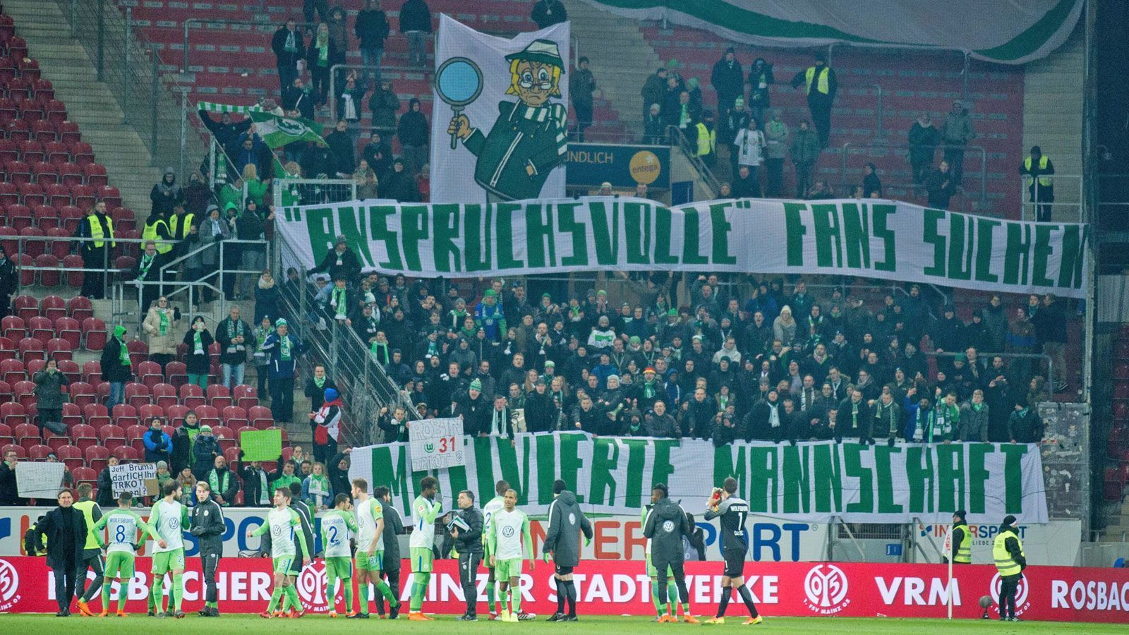 
                <strong>PLATZ 11: Fans vom VfL Wolfsburg</strong><br>
                "Anspruchsvolle Fans suchen motivierte Mannschaft." (Plakat der Fans des VfL Wolfsburg)
              