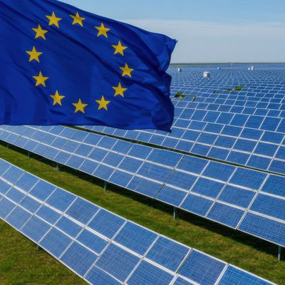 Aerial View of Extensive Solar Panel Fields under the European Union Flag Representing Sustainable Energy