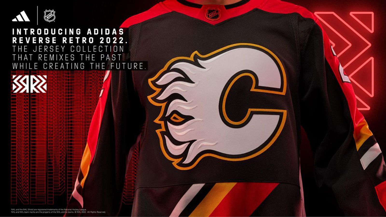 
                <strong>Calgary Flames</strong><br>
                Das Wappen der Flames ist bei diesem Trikot auf einem dicken, diagonal gestreiften Sockel platziert, der eine Ode an Calgarys Uniform von 1995 ist. Der Name und die Nummer des Spielers sind kursiv gedruckt, um der Vorwärtsbewegung des Flames-Wappens zu entsprechen.
              