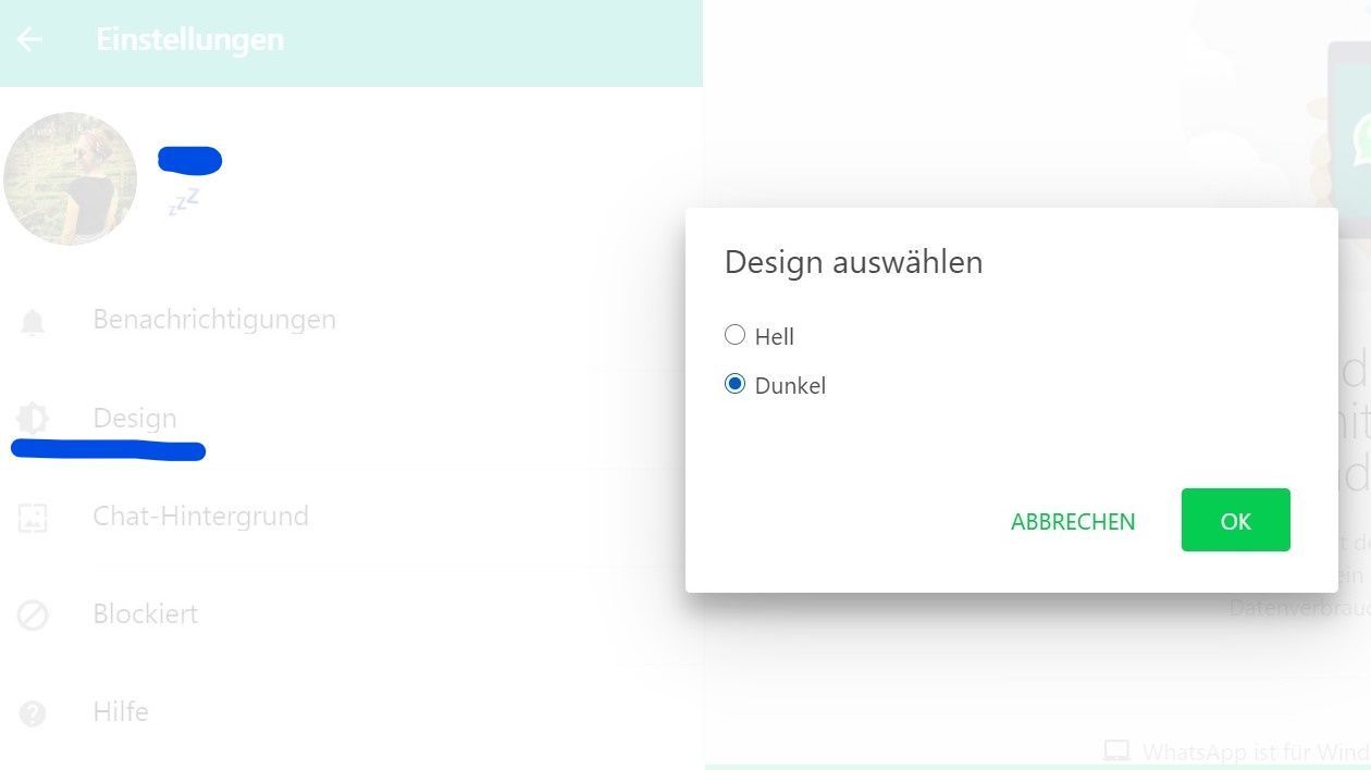 Um den Dark Mode in WhatsApp Web zu aktivieren, klickst du auf "Enstellungen" und dann auf "Design". Dann wählst du "Dunkel" aus. 