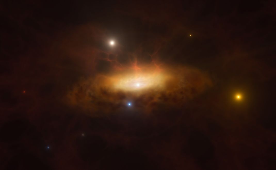 Künstlerische Darstellung: Die Galaxie SDSS1335+0728 leuchtet auf. 