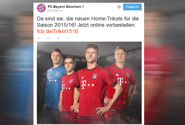 
                <strong>Bayern Münchens neues Heimtrikot</strong><br>
                Mit breiter Brust stellen die Stars des FC Bayern München die Trikots für die kommende Spielzeit vor. Ganz in rot werden Thomas Müller und Co. auflaufen. Manuel Neuer bleibt beim blau der laufenden Saison.
              
