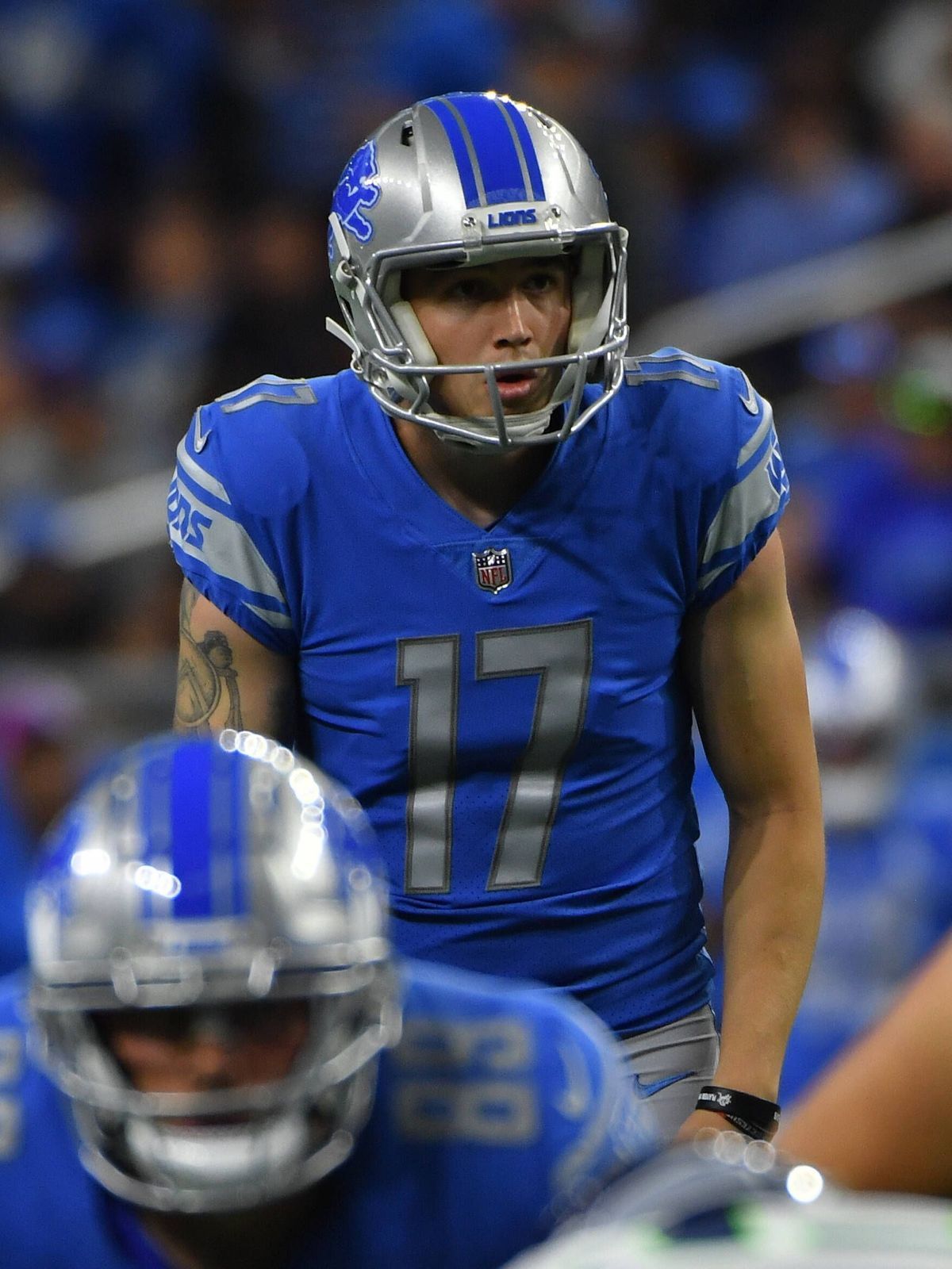 DETROIT, MI - OCTOBER 02: Detroit Lions kicker Dominik Eberle (17) lines for an extra-point during the game between Seattle Seahawks and Detroit Lions on October 2, 2022 at Ford Field in Detroit, M...