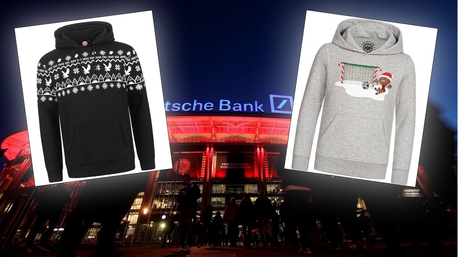 
                <strong>Eintracht Frankfurt</strong><br>
                Als eines von nur zwei Teams hat sich Eintracht Frankfurt für einen Hoodie entschieden. Während die Version für die Erwachsenen designtechnisch vor Langeweile strotzt, haben die Kids immerhin ein süßes Motiv mit Baby-Attila im Schnee bekommen. 
              