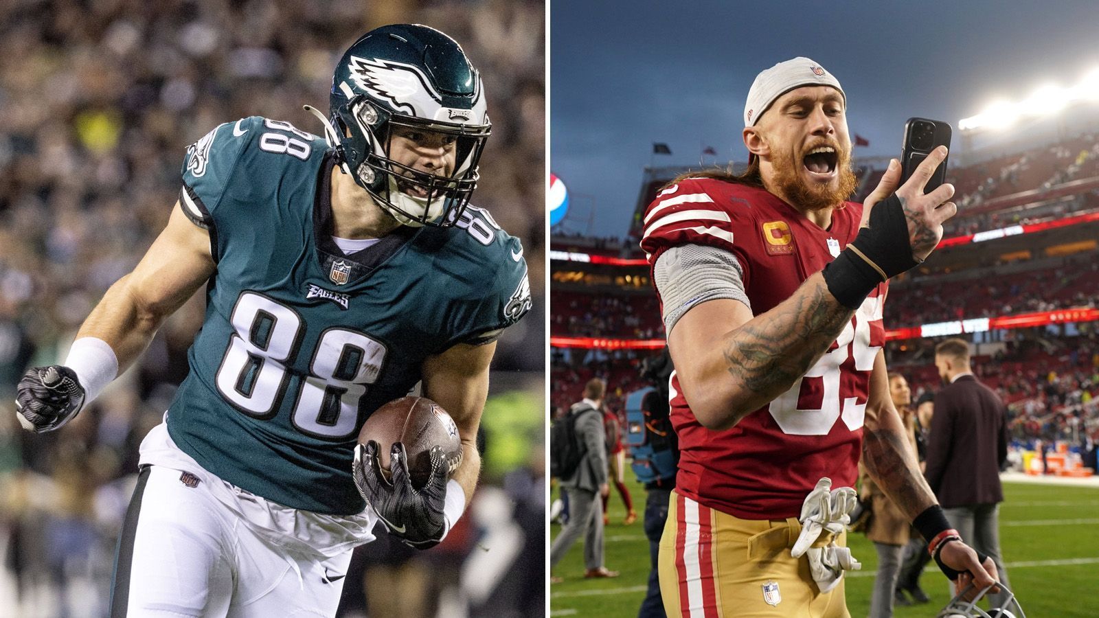 
                <strong>Tight Ends</strong><br>
                Dallas Goedert (l.) ist ein guter Tight End und hat seine Wichtigkeit für die Eagles mit 702 Yards und 55 Passfängen auch bewiesen. Ohne seine Verletzung hätte es vielleicht sogar für den Pro Bowl gereicht. Doch auf Seiten der 49ers steht der zweitbeste Tight End der Liga. George Kittle vereint die Fähigkeiten, die Extra-Yards durch die Mitte mit physischer Power zu erzielen sowie trotzdem auch mit Geschwindigkeit zu punkten. Für die 49ers ist er dadurch noch wichtiger - 2:2
              