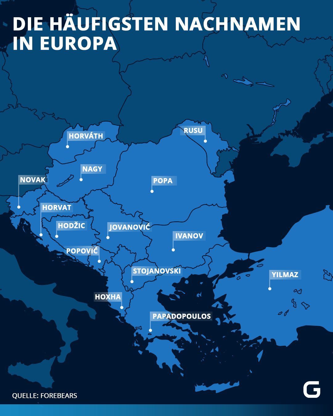 Die häufigsten Nachnamen in Europa unterteilt nach Ländern.
