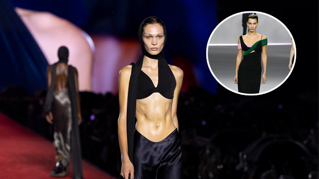 Das Model Dalton Dubois läuft über den Laufsteg bei der Milan Fashion Week und wird für Bella Hadid gehalten.