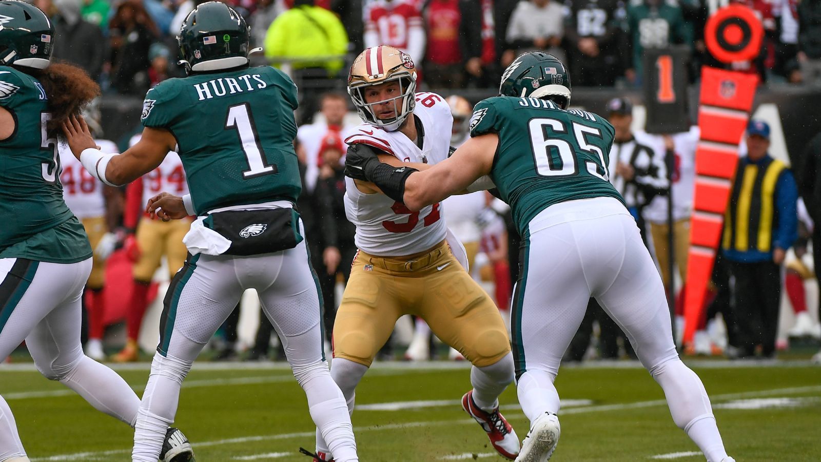 
                <strong>Revanche für NFC-Finale? San Francisco 49ers at Philadelphia Eagles</strong><br>
                Am 13. Spieltag kommt es zum Rematch des NFC Championship Games 2022: Die Philadelphia Eagles empfangen am 3. Dezember die San Francisco 49ers im Lincoln Financial Field. Im Januar gewannen die Eagles mit 31:7. Bekommen Brock Purdy und die Niners ihre Revanche?
              