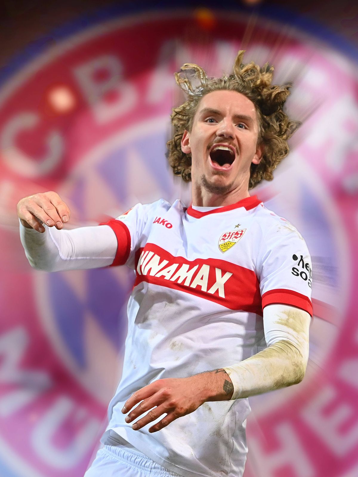 FOTOMONTAGE: Nick WOLTEMADE (VFB Stuttgart) wechselt angeblich zum FC Bayern Muenchen! ARCHIVFOTO. Jubel,Freude,Begeisterung, *** PHOTOMONTAGE Nick WOLTEMADE VFB Stuttgart allegedly moves to FC Bay...