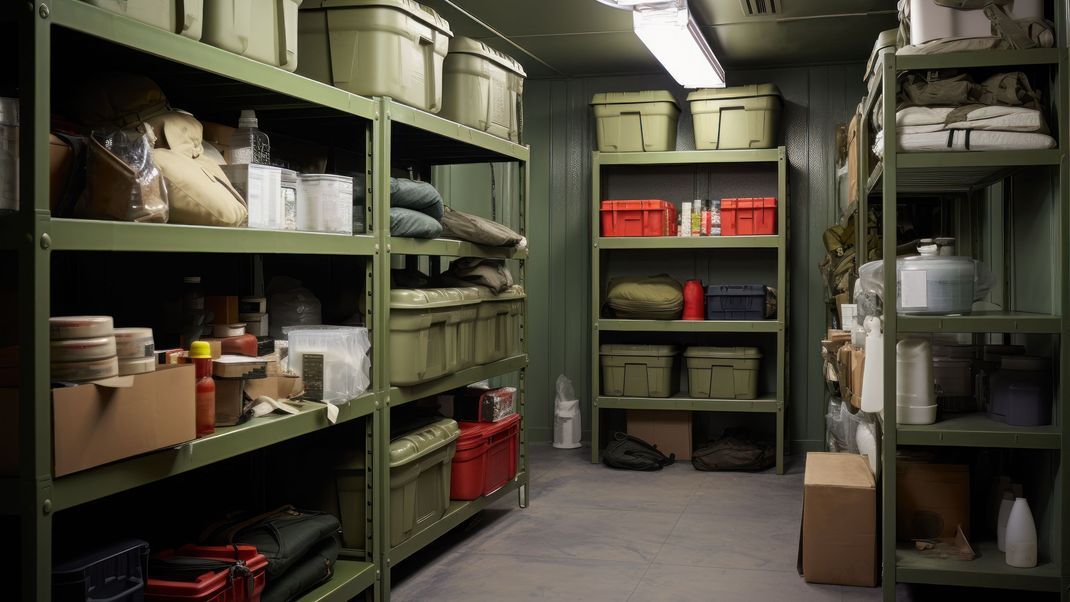 bunker bomb shelter warehouse room with supplies of necessary things generative ai