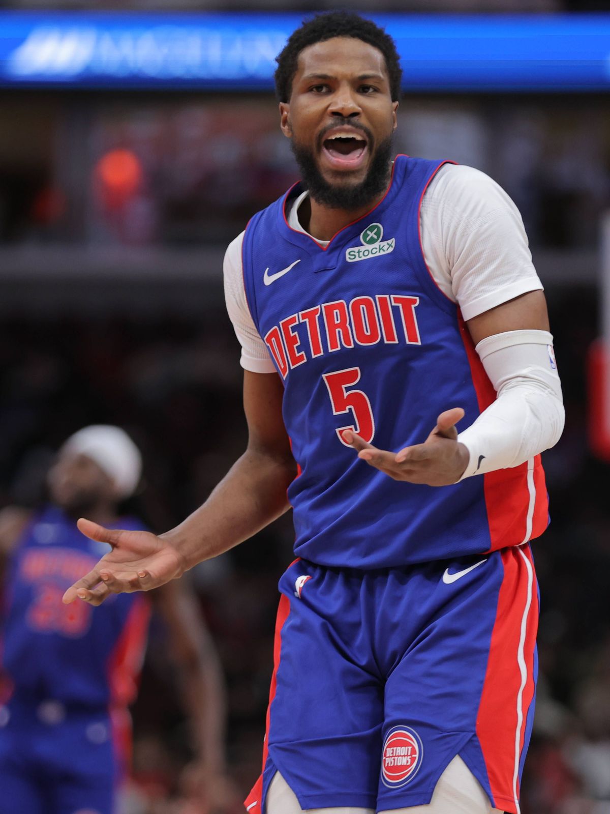 CHICAGO, IL - FEBRUARY 12: Malik Beasley 5 of the Detroit Pistons reacts to a call during the second half against the Chicago Bulls on February 12, 2025 at the United Center in Chicago, Illinois. (...