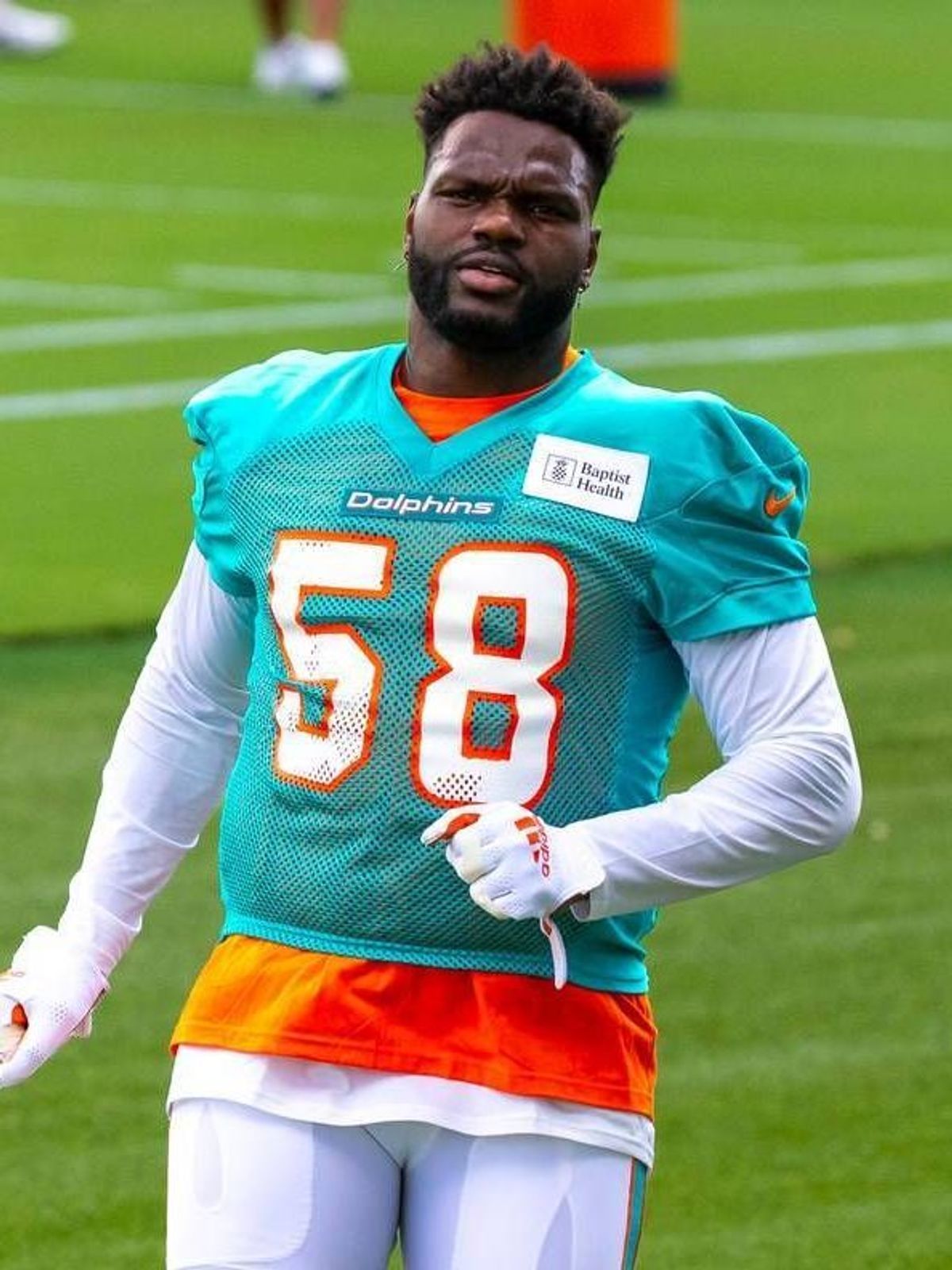 July 20, 2024: Miami Dolphins Linebacker Shaquil Barrett (58) looks on during NFL mandatory minicamp at Baptist Health Training Complex in Hard Rock Stadium on Tuesday, June 4, 2024, in Miami Garde...