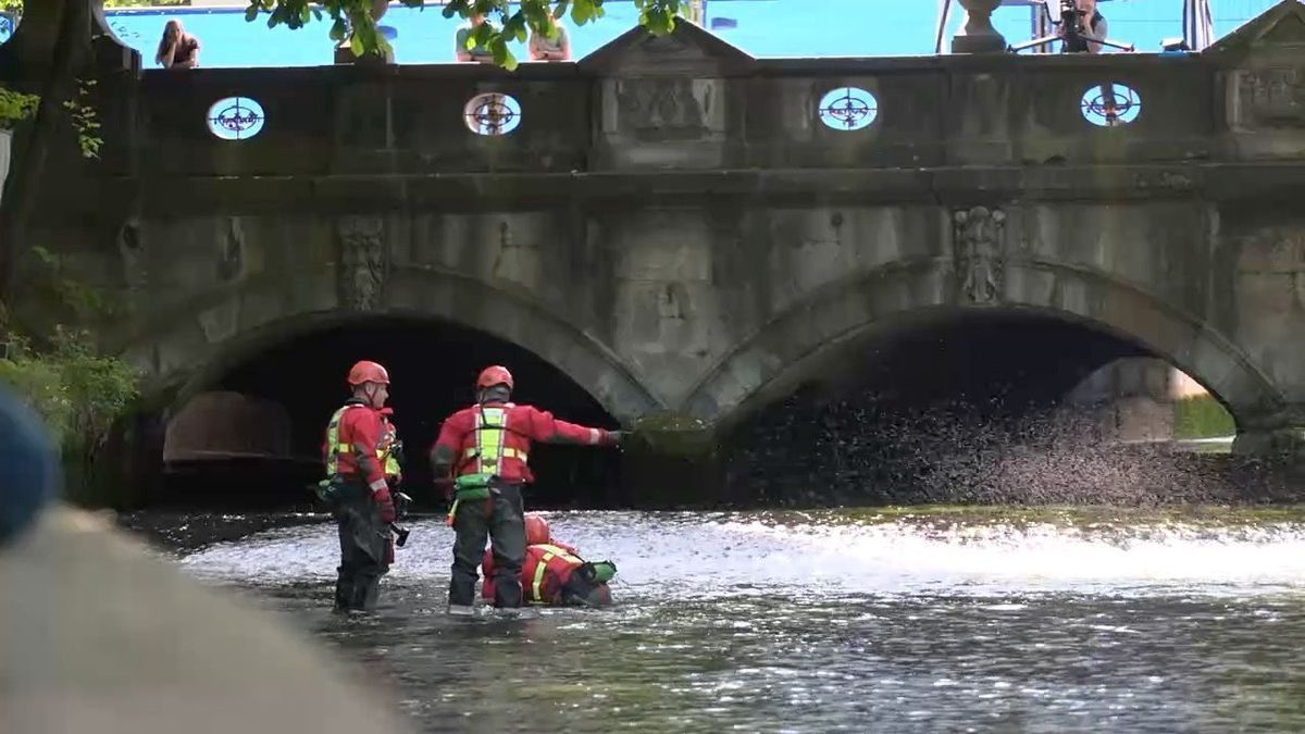 Spezialtaucher der Münchner Polizei durchsuchen den Eisbach.