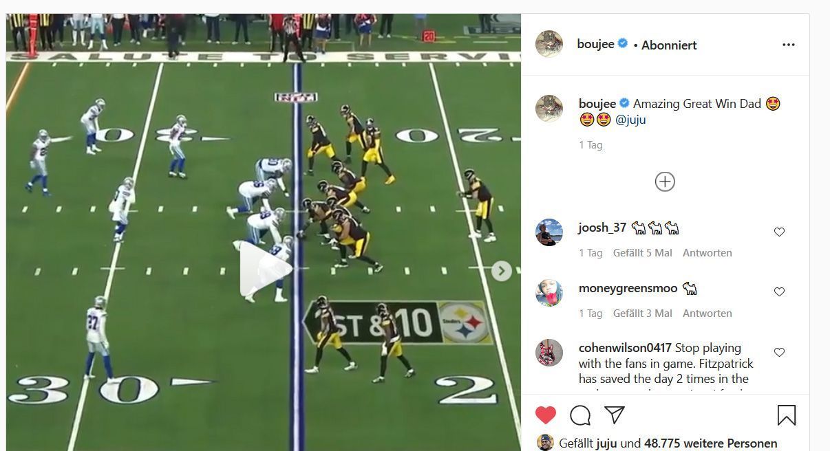 
                <strong>JuJus größter Fan</strong><br>
                Am Montag postete Boujee einige Highlights von JuJu Smith Schuster im Spiel gegen die Cowboys. "Ein aufregender, großartiger Sieg, Dad", stand dazu geschrieben. In den Kommentaren schrieb Boujee dann "Füttert ihn, so wie er mich füttert". Darauf antwortete Smith-Schuster: "Fakt. Dreimal am Tag."
              