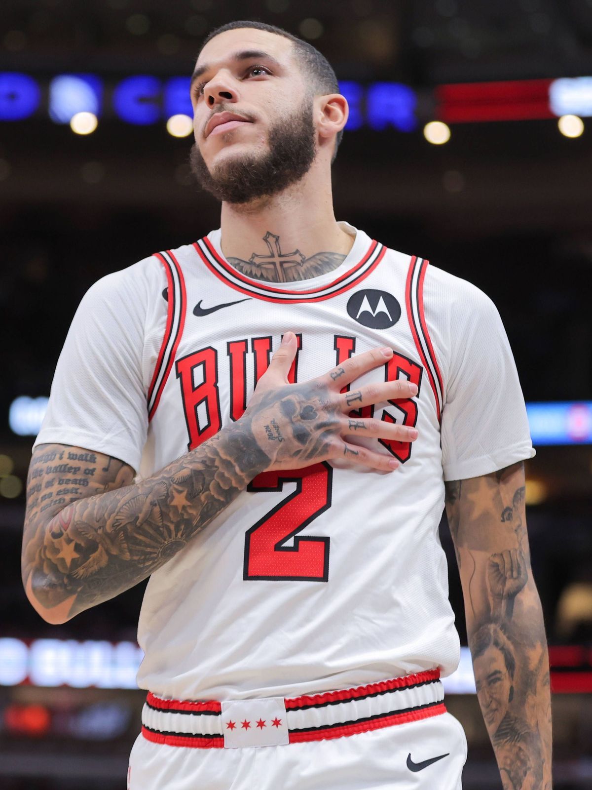 CHICAGO, IL - OCTOBER 16: Chicago Bulls guard Lonzo Ball (2) reacts to the crowd as he enters during the first half of a preseason game against the Minnesota Timberwolves on October 16, 2024 at the...