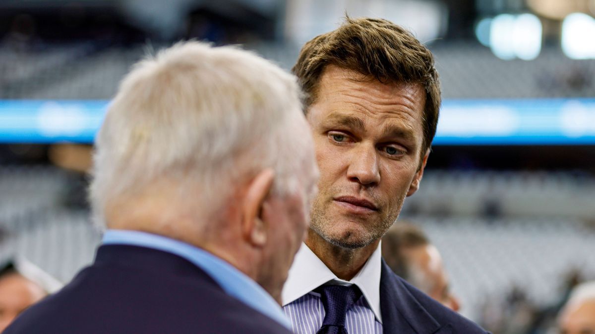 ARLINGTON, TX - SEPTEMBER 15: FOX football analyst Tom Brady talks to Dallas Cowboys owner and GM Jerry Jones before the game between the Dallas Cowboys and the New Orleans Saints on September 15, ...