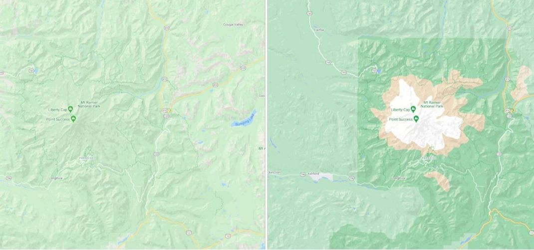 Karte des Mount Rainier-Nationalpark bei Google Maps nach vor und nach dem Update. 