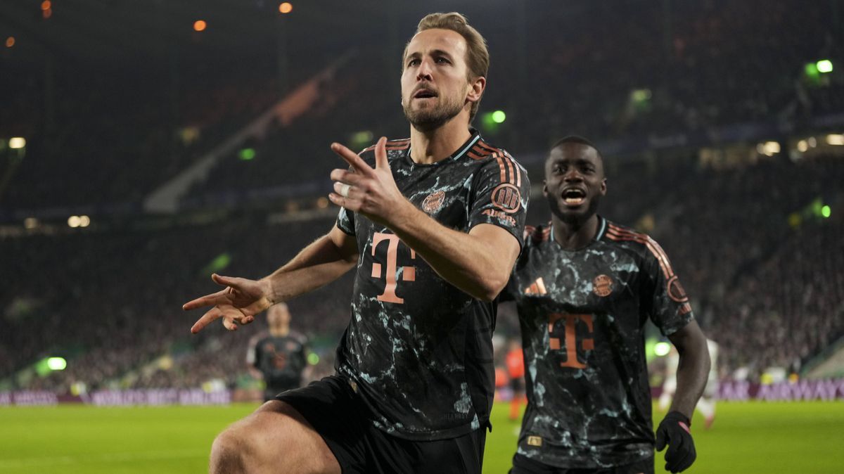 Harry Kane of Bayern Munich celebrates with Dayot Upamecano of Bayern Munich after scoring to give Bayern Munich a 0-2 lead Celtic v Bayern Munich, UEFA Champions League, Knockout Round Play-offs, ...