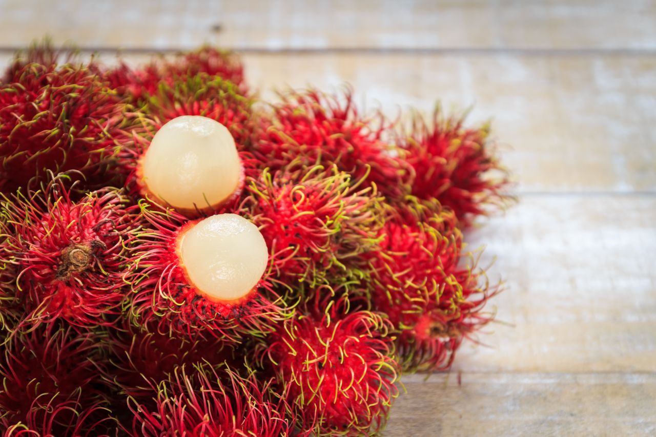 Ganz schön haarig! Die Rambutan ist eine Verwandte der Litschi. Sie schmeckt süß-säuerlich.