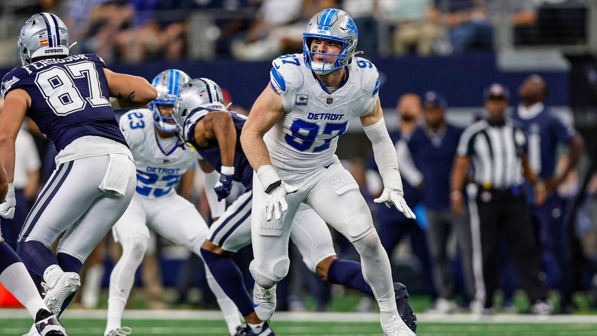 ARLINGTON, TX - OCTOBER 13: Detroit Lions defensive end Aidan Hutchinson (97) rushes the passer during the game between the Dallas Cowboys and the Detroit Lions on October 13, 2024 at AT&T Stadium ...