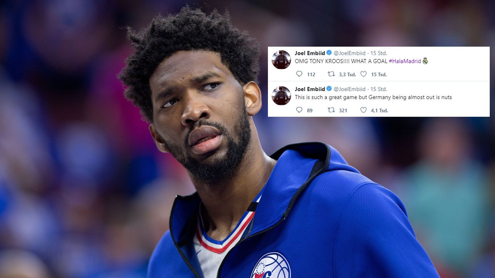 
                <strong>Joel Embiid</strong><br>
                NBA-Star und Real Madrid Fan Joel Embiid freute sich ebenfalls über den deutschen Sieg. Immerhin hat Real-Star Kroos für den Siegtreffer gesorgt.
              