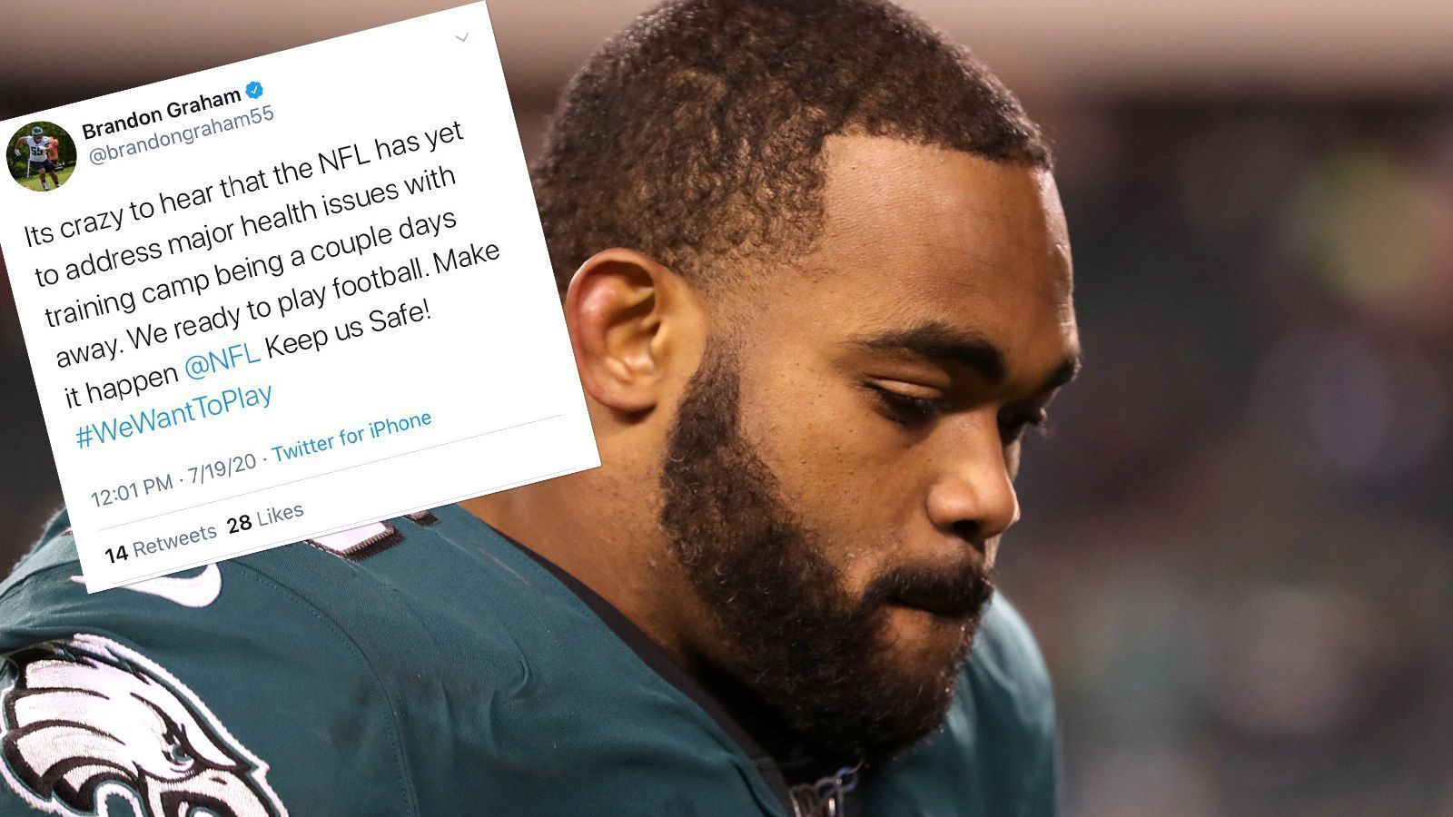 
                <strong>Brandon Graham (Philadelphia Eagles)</strong><br>
                "Es ist verrückt, dass die NFL noch immer wichtige Gesundheitsfragen angehen muss, während das Training Camp nur ein paar Tage entfernt ist. Wir sind bereit, Football zu spielen. Lass es passieren, NFL, halte uns sicher!"
              