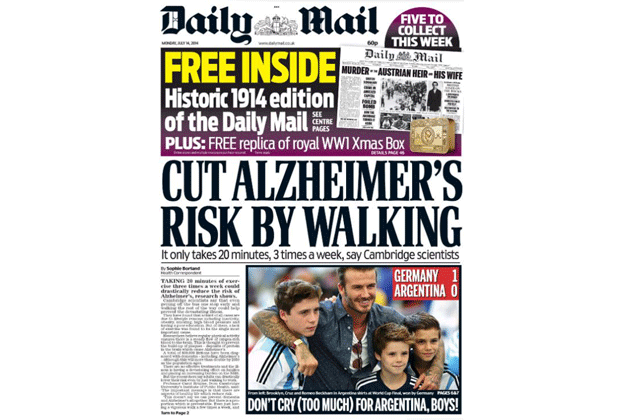 
                <strong>Daily Mail (England)</strong><br>
                Das Titelbild der "Daily Mail" zieren natürlich David Beckham und seine Sprösslinge. Brooklyn und Romeo Beckham trugen beim WM-Finale argentinische Trikots. Das Blatt schreibt: "Dont cry (too much) for Argentinia, Boys!"
              