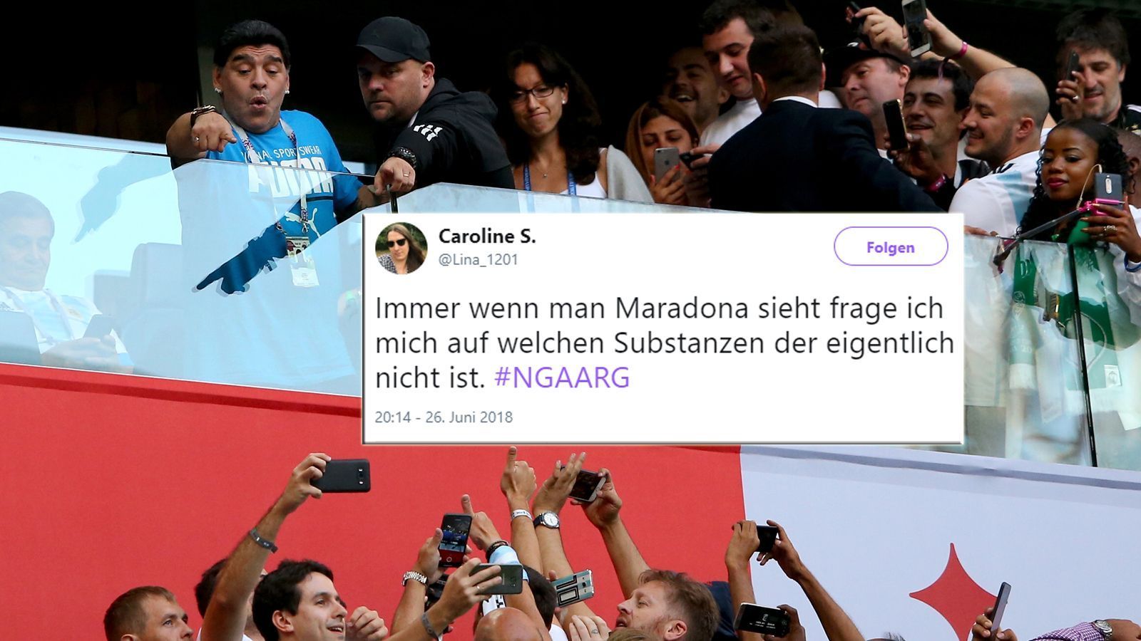 
                <strong>Maradona geht auf der Tribüne steil</strong><br>
                Maradona ist kein Kind von Traurigkeit. Das weiß auch Twitter-Userin @Lina_1201. Alles weitere lassen wir mal unkommentiert.
              