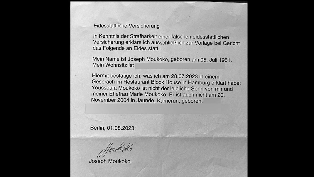 Eidesstattliche Erklärung von Joseph Moukoko