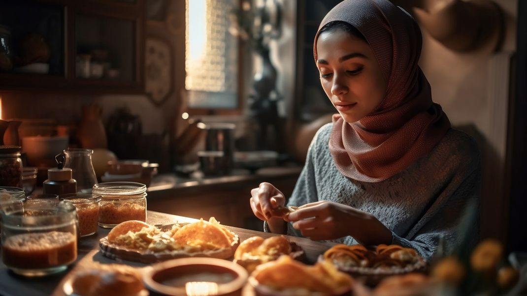 Im muslimischen Glauben gibt es den Fastenmonat Ramadan, in dem nur von Sonnenuntergang bis Sonnenaufgang gegessen und getrunken wird. Das nennt man auch das Fastenbrechen.