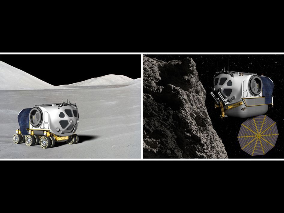 In solchen Fahrzeugen sollen die Astronaut:innen in der zweiten Artemis-Phase mehrere Wochen leben und forschen. Wenn gerade keine Besatzung da ist, fährt das Mobil ferngesteuert einen neuen Einsatzort in der Nähe des Mond-Südpols an. Oder es fliegt dort hin.