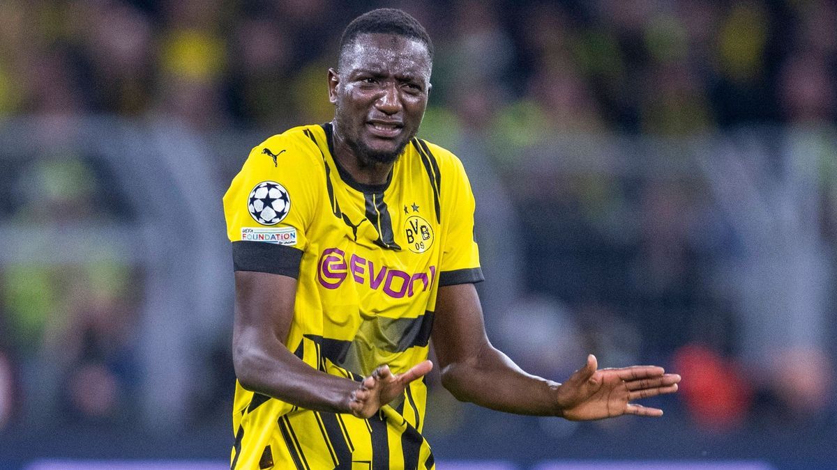 15.04.2025, Borussia Dortmund vs. FC Barcelona, Barca UEFA Champions League, Viertelfinale, Rückspiel: Dortmunds Serhou Guirassy reagiert. Wichtiger Hinweis: Gemaess den Vorgaben der UEFA ist es un...