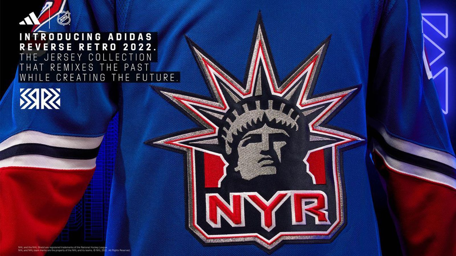 
                <strong>New York Rangers</strong><br>
                Das Lady Liberty-Trikot kehrt in der aktuellen Farbpalette der Rangers zurück. Die Schulteraufnäher und das Wappen knüpfen an das Originaltrikot an, während weiße und silberne Details um die historische New Yorker Statue herum für einen glitzernden Auftritt sorgen.
              