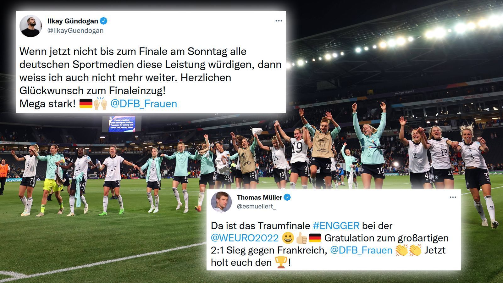 
                <strong>DFB-Männer loben EM-Heldinnen</strong><br>
                Auch die beiden Nationalspieler Thomas Müller und Ilkay Gündogan meldeten sich zu Wort und freuten sich für die DFB-Frauen. Müller sprach sogar von einem "Traumfinale".
              