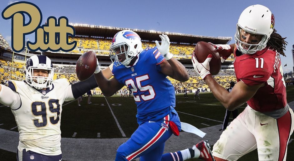 
                <strong>University of Pittsburgh (Pitt)</strong><br>
                3 Spieler (von links nach rechts):Aaron Donald, DE, Los Angeles RamsLeSean McCoy, RB, Buffalo BillsLarry Fitzgerald, WR, Arizona Cardinals
              