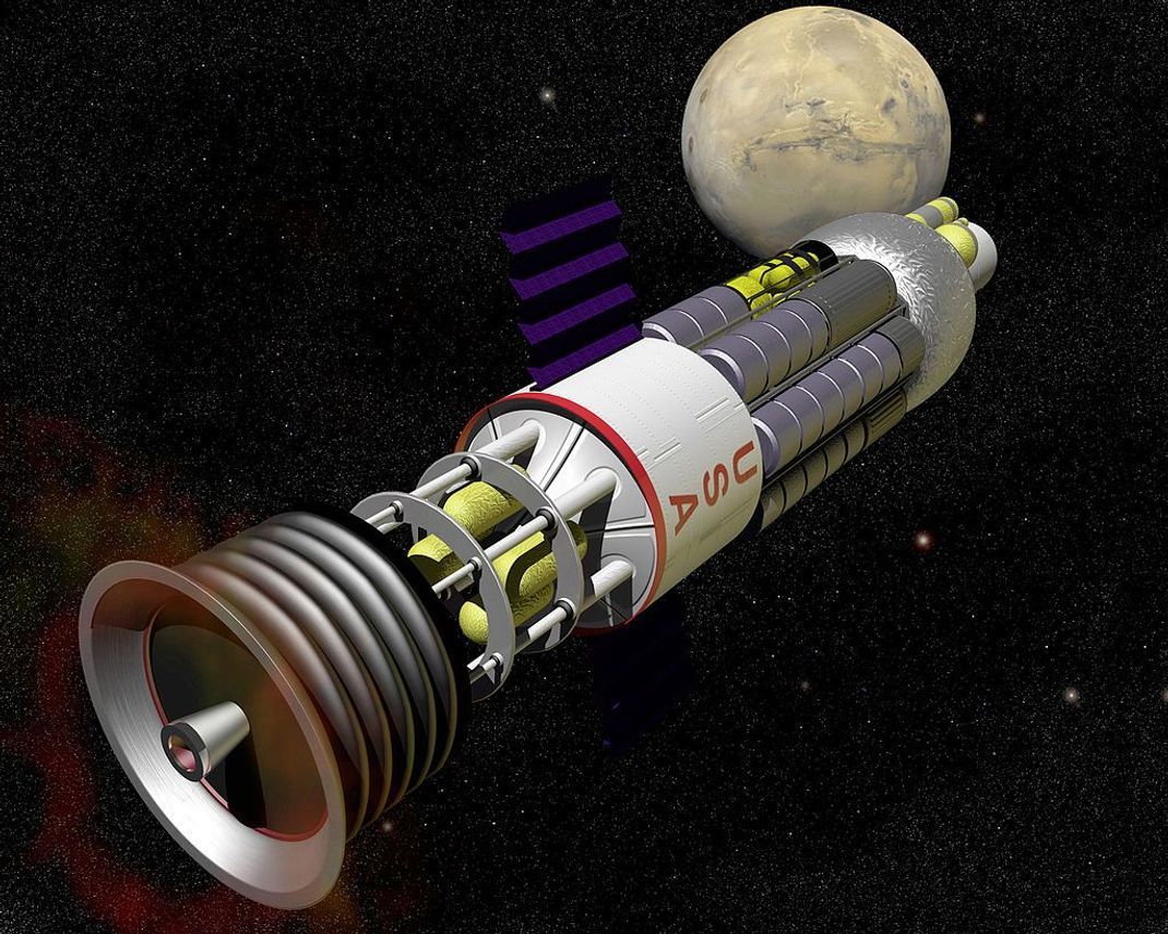 Moderner Entwurf eines Raumschiffs mit nuklearem Pulsantrieb. Dämpfer und eine dicke Stahlplatte sollten das Raumschiff schützen und gleichzeitig so sanft vorwärts bewegen, dass die Crew überlebt.