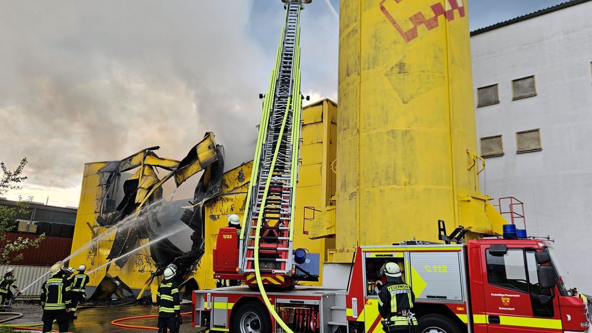 Einsätzkräfter der Feuerwehr löschen eine in Brand geratene Lagerhalle von einem Spielehersteller.