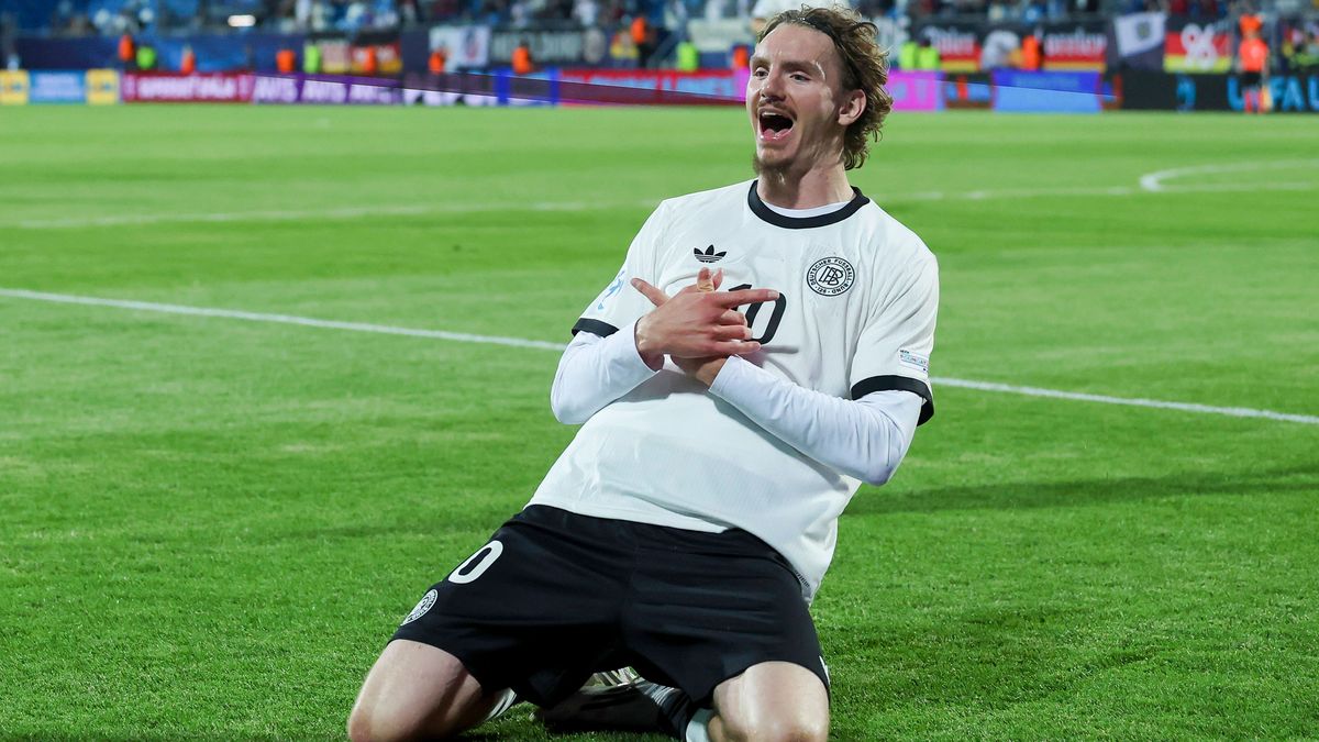 Nick Woltemade (Germany) bejubelt seinen Treffer zum 2:0, UEFA European Under-21 Championship 2025 Group Stage, Germany v Slovenia, Nitra Stadium am 12. June 2025 in Nitra, Slowakei. (Foto von Marc...